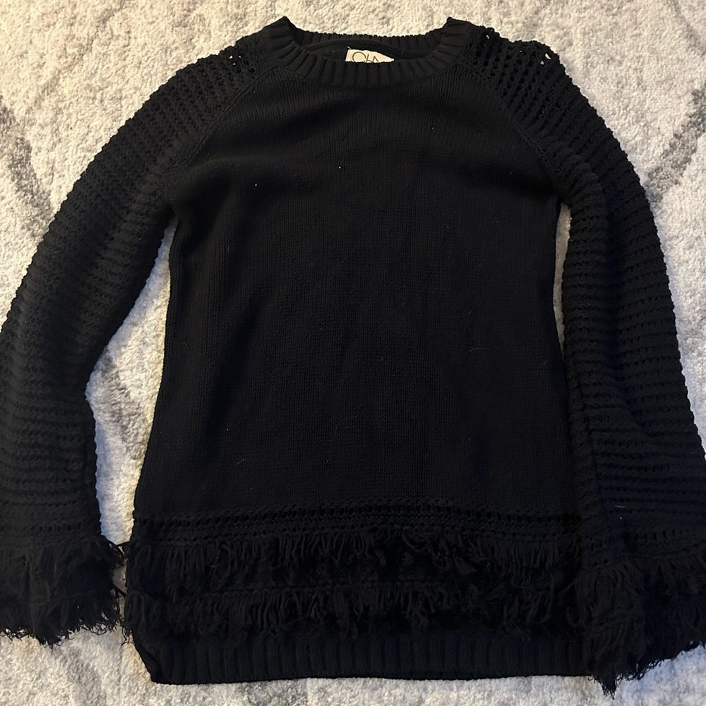 Chaser X Revolve Fringe Chunky Knit Pullover Bell Sleeve Sweater in Black - Picture 3 of 4